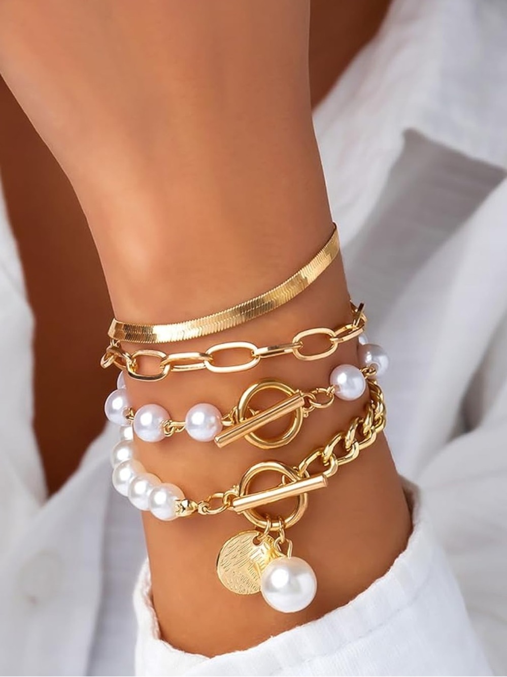 Anthropologie Gold and White Pearl Layered Bracelet Stack